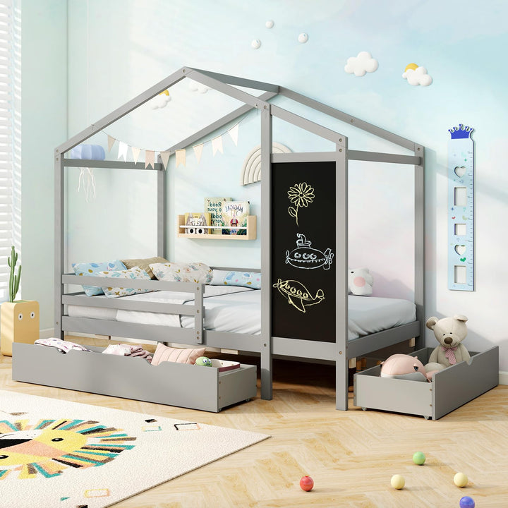 Giantex Twin Bed with 2 Storage Drawers, Solid Wood House Bed with Blackboard &amp; Safety Guardrails