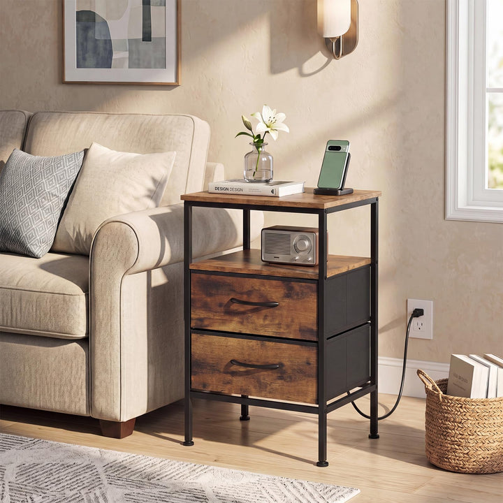 GIANTEX 24.5" Nightstand with Charging Station &amp; 2 Fabric Drawer (1/2)