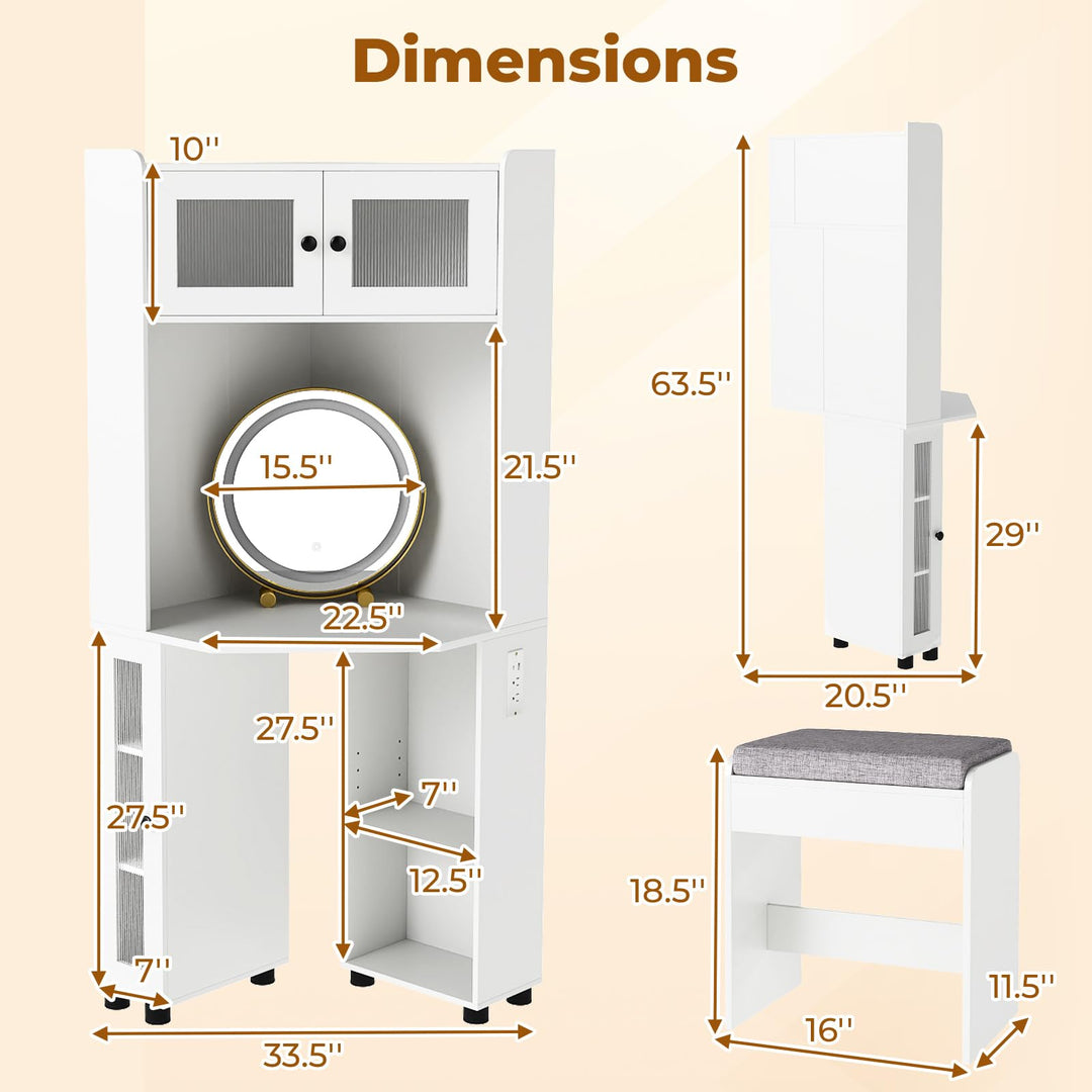 CHARMAID Corner Vanity Desk with LED Mirror &amp; Lighted Fluted Cabinet