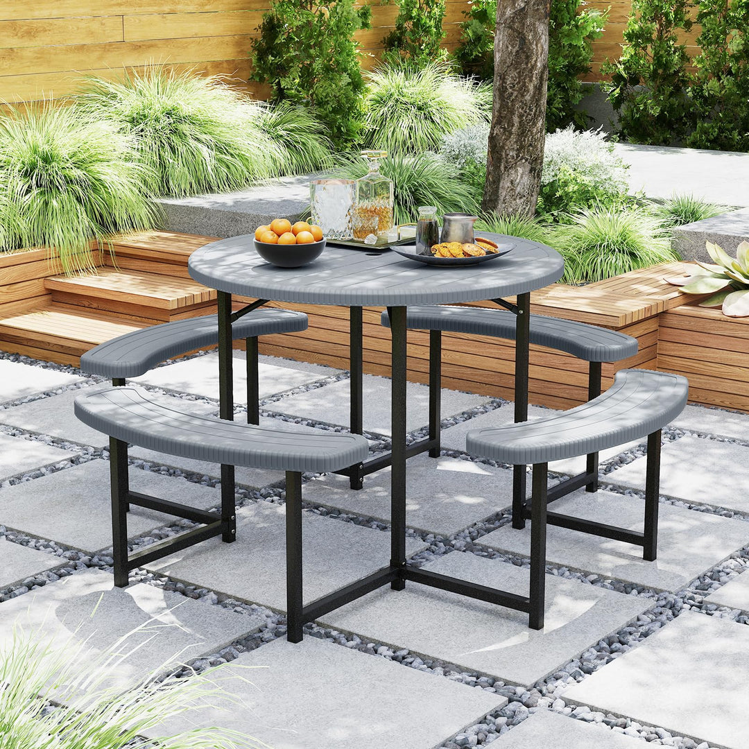 Giantex Round Picnic Table Bench Set with 4 Benches and Umbrella Hole for Patio Lawn