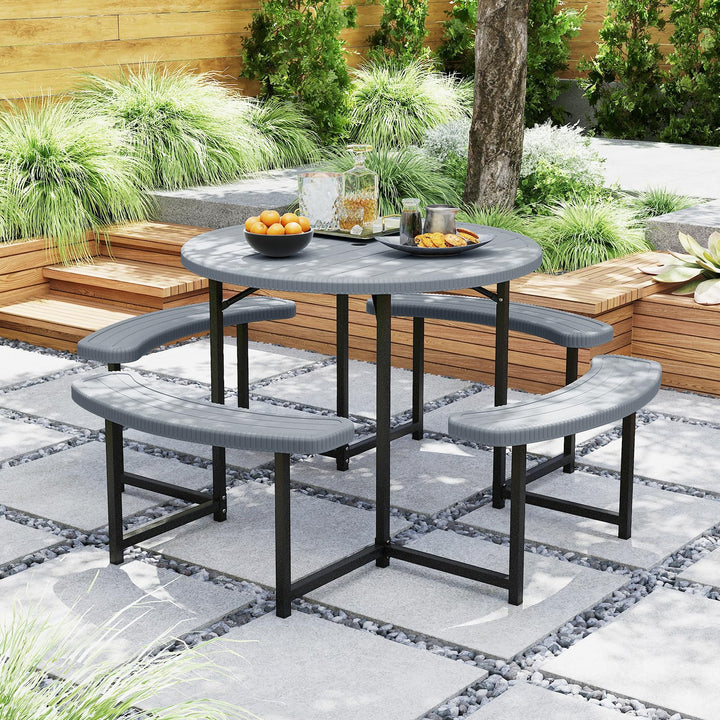 Giantex Round Picnic Table Bench Set with 4 Benches and Umbrella Hole for Patio Lawn