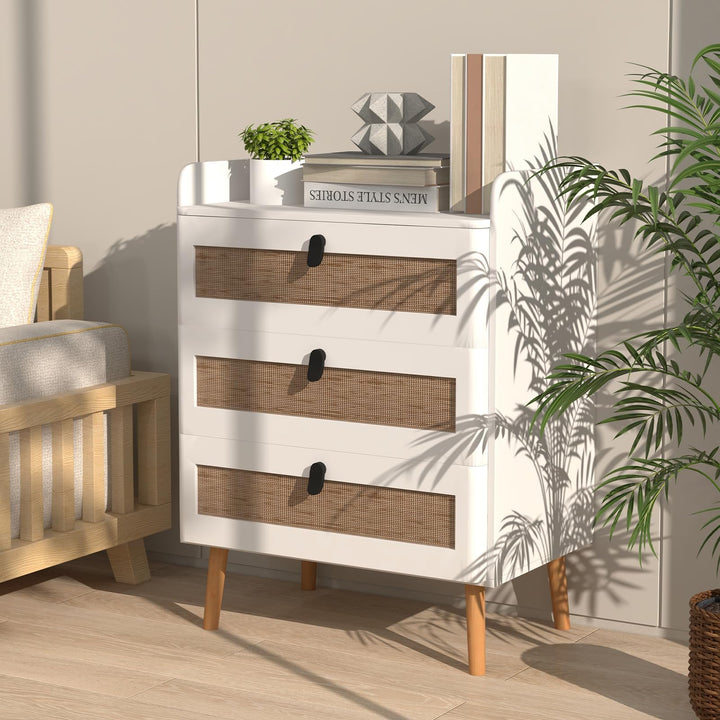 Giantex Rattan Nightstand, Boho 2/3-Drawer Dresser with 4 Solid Wood Legs