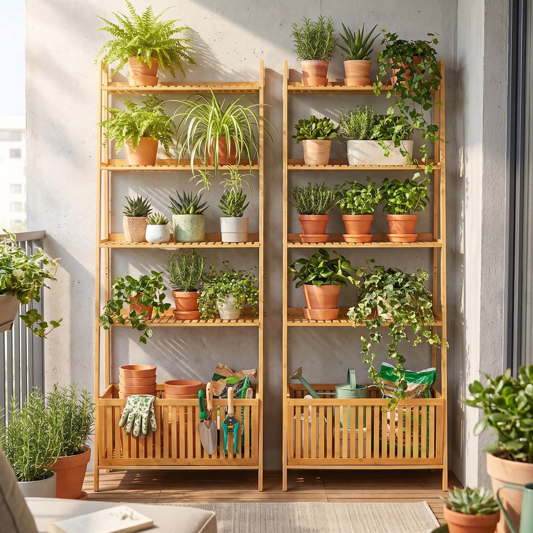 GIANTEX 66" 5-Tier Bamboo Plant Stand Ladder Shelf with Storage Basket