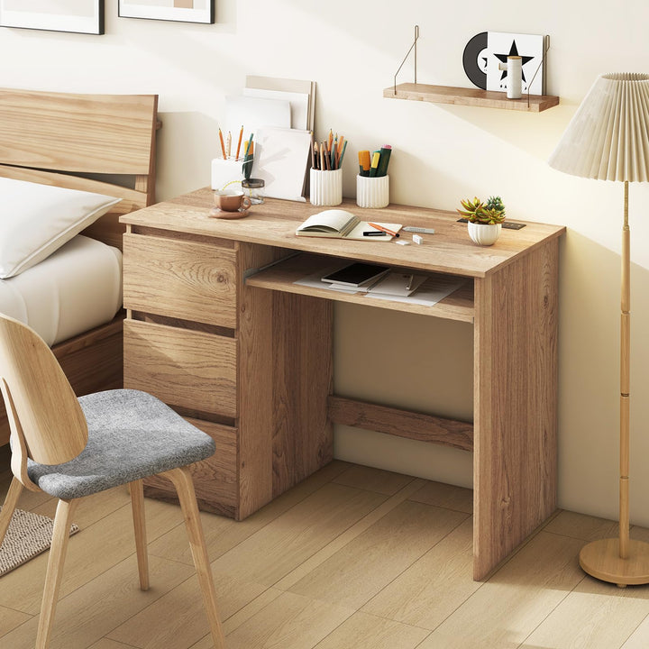 Giantex Computer Desk with Power Outlet, Modern Office Desk with Keyboard Tray &amp; 3 Large Drawers