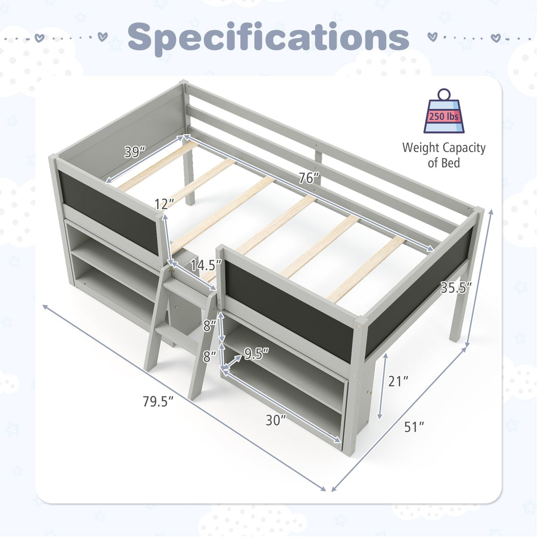 Giantex Low Loft Bed Twin Size, Wooden Loft Bed with Ladder &amp; Blackboard
