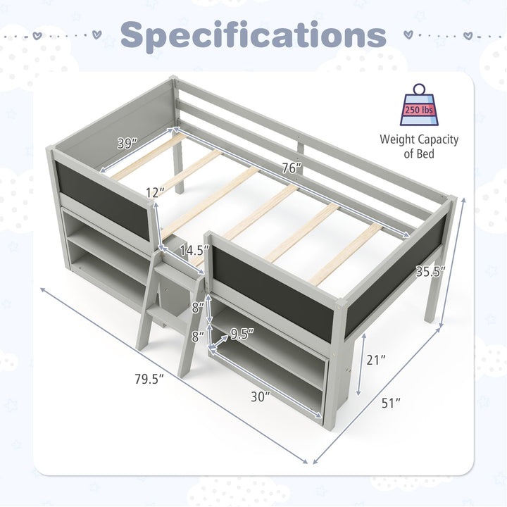Giantex Low Loft Bed Twin Size, Wooden Loft Bed with Ladder &amp; Blackboard