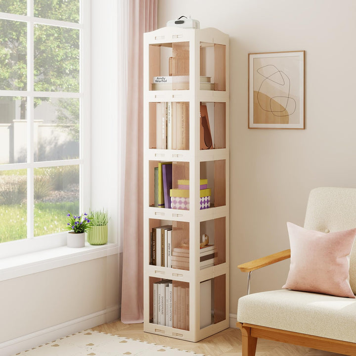 Giantex 5-Tier Foldable Rotating Bookshelf w/Swivel Base | 360° Revolving Bookshelf Tower