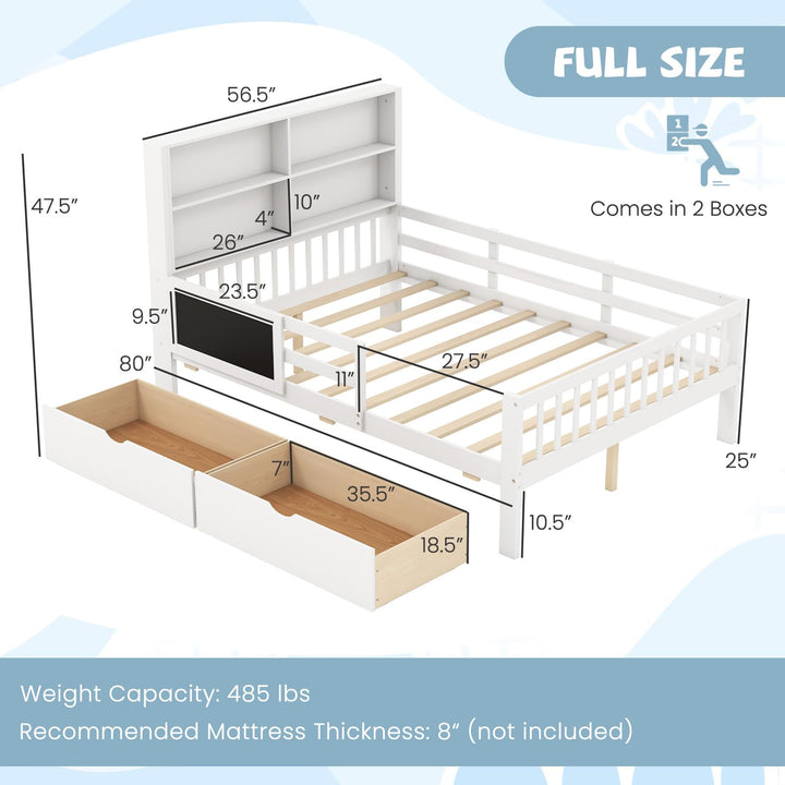 Giantex Full/Twin Size 2 Storage Drawers, Solid Wood Kids Bed Frame w/Bookcase Headboard &amp; Blackboard