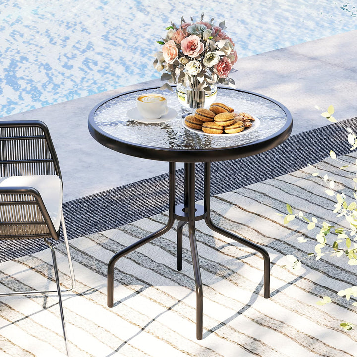 Giantex Patio Round Dining Table with Tempered Glass Tabletop and 1.57" Umbrella Hole