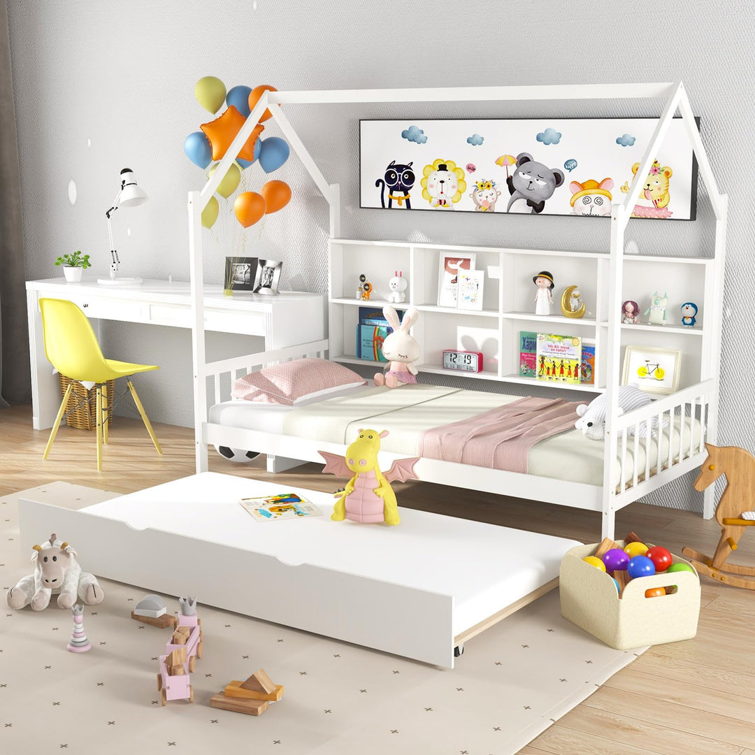 Giantex Twin House Bed with Trundle, Solid Wood Bed Frame with Roof &amp; 8 Cube Bookcase