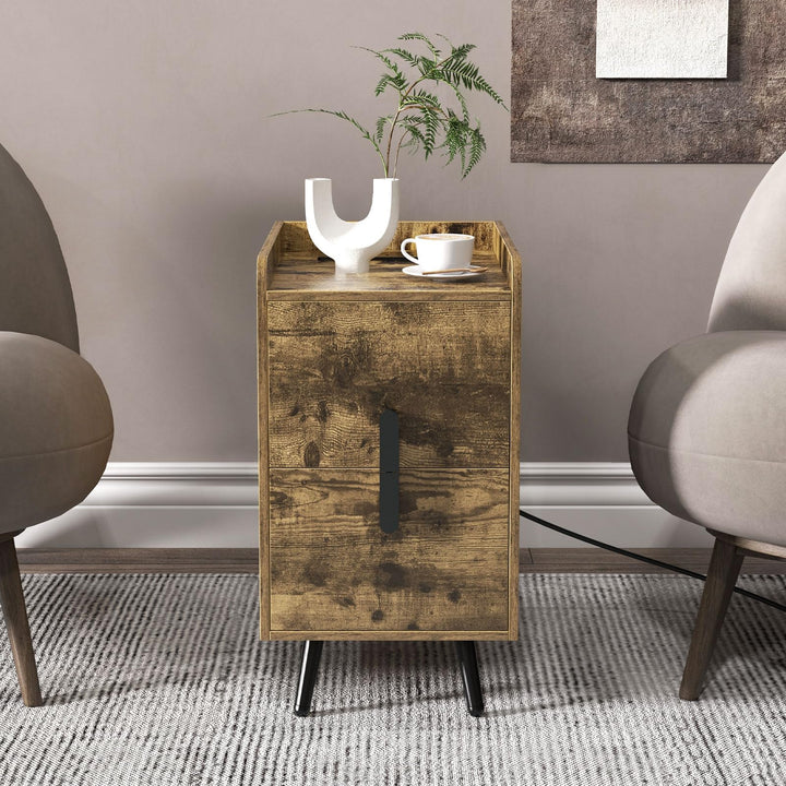Giantex Nightstand with Charging Station, Narrow End Table with 2 Drawers &amp; Metal Gold Legs