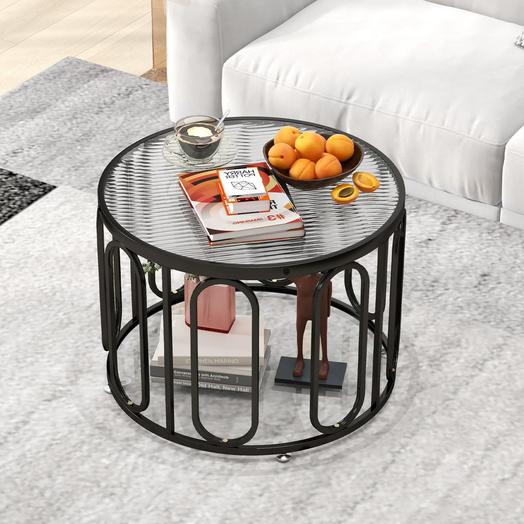 Giantex Small Round Glass Coffee Table, 24" Accent Side Sofa Tea Table with Tempered Glass Top &amp; Oval Swivel Brackets
