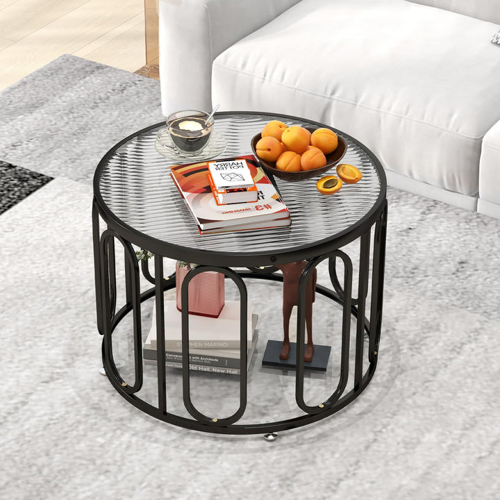 Giantex Small Round Glass Coffee Table, 24" Accent Side Sofa Tea Table with Tempered Glass Top &amp; Oval Swivel Brackets