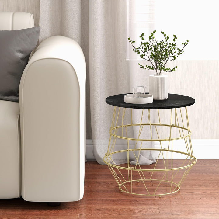 Giantex Round Coffee Table, Faux Marble Side End Table with Gold Metal Frame &amp; Removeable Top