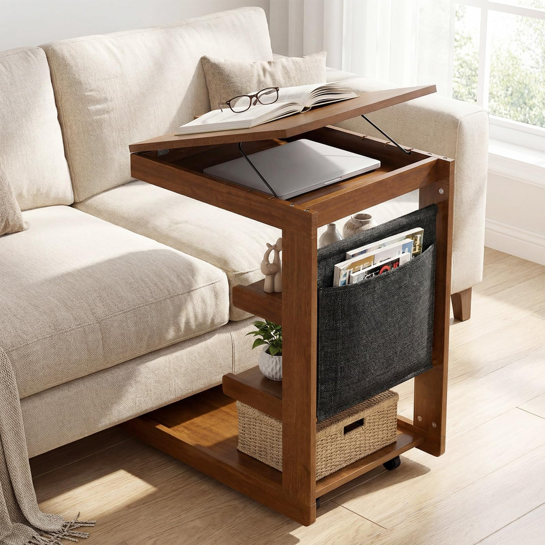 Giantex C-Shaped End Table with Wheels w/Adjustable Desktop