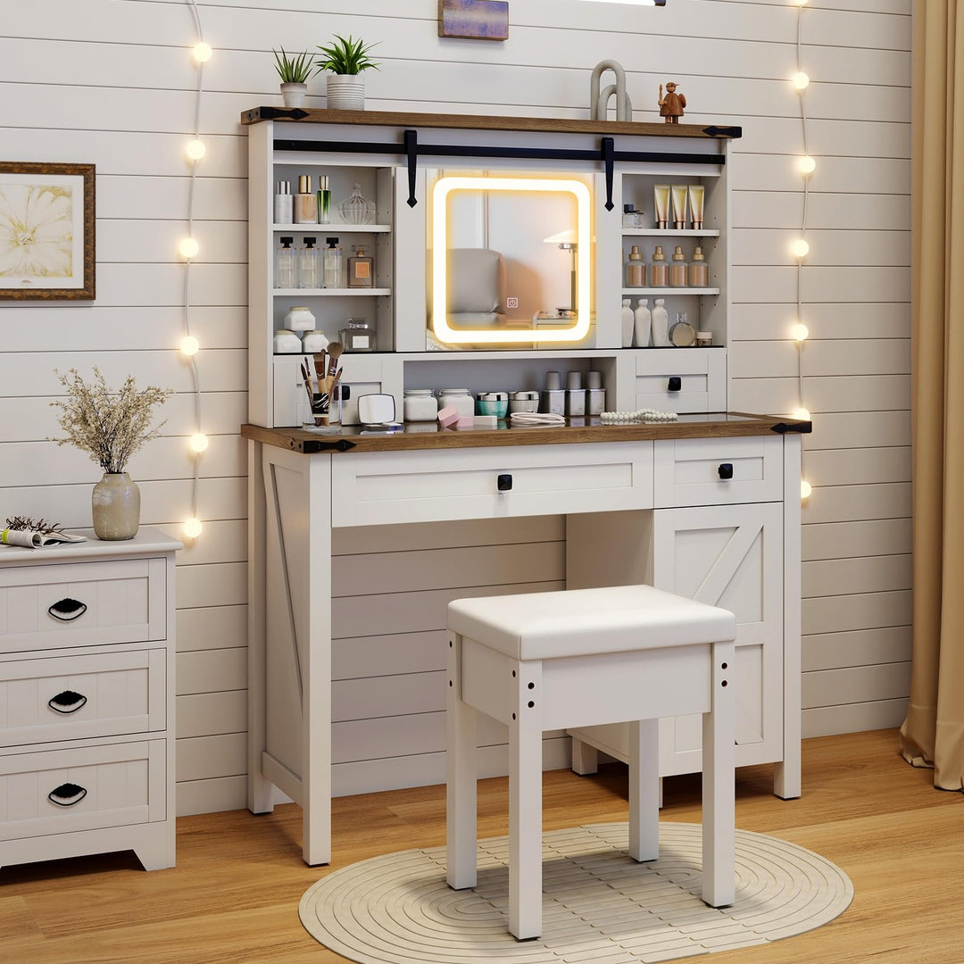 CHARMAID Farmhouse Vanity Desk with Barn-Style Sliding Mirror, Lights &amp; Stool (42" Wide,White &amp; Brown)