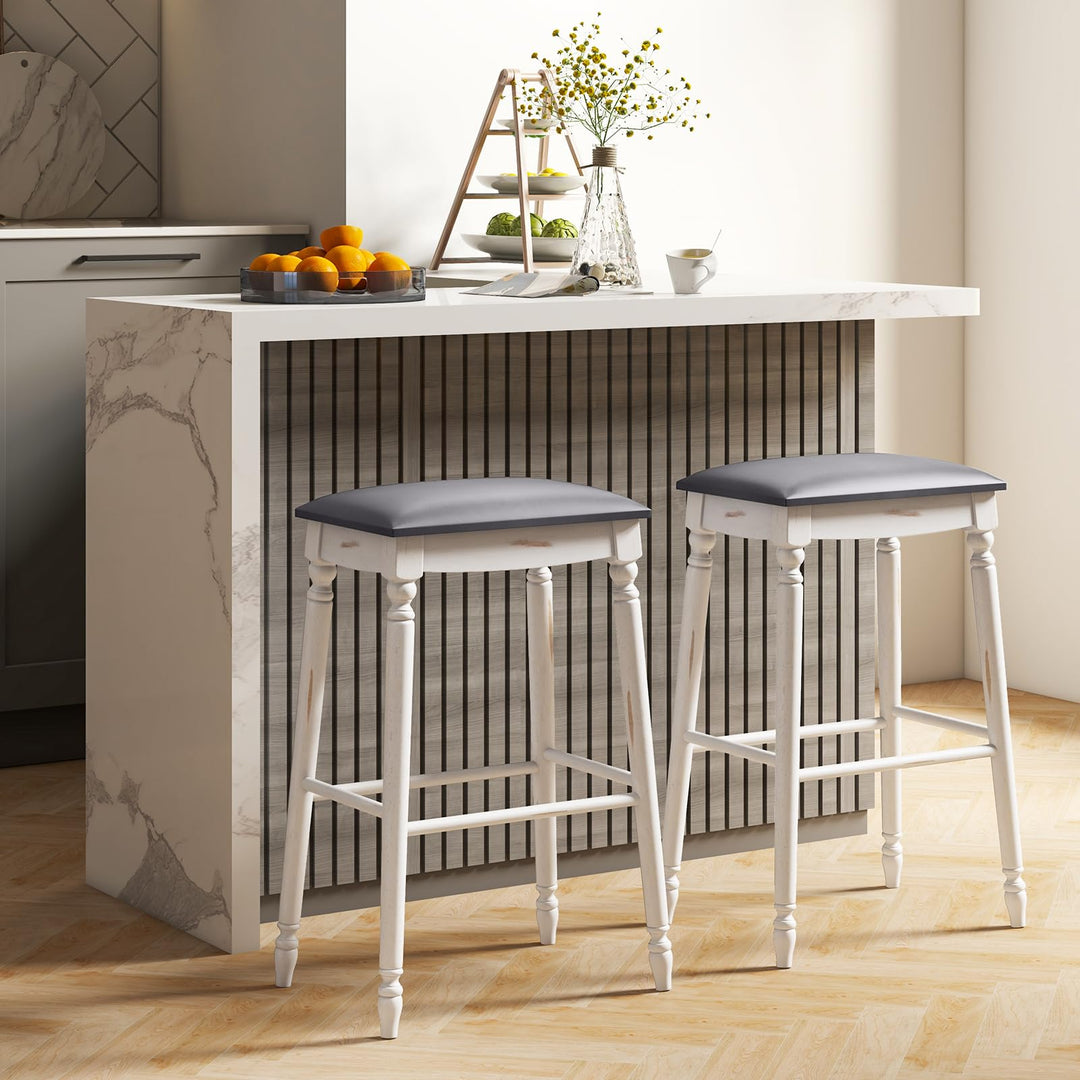 Giantex Bar Stools, 29"/24" Bar Height Saddle Stools w/Padded Seat, Rubber Wood Legs, Footrests &amp; Antiqued Surface