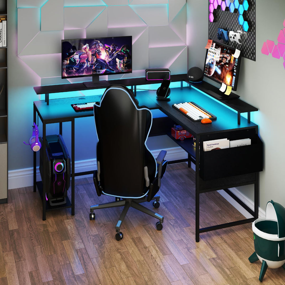 Giantex L Shaped Desk with LED Light &amp; Power Outlets Ergonomic Home Office Desk