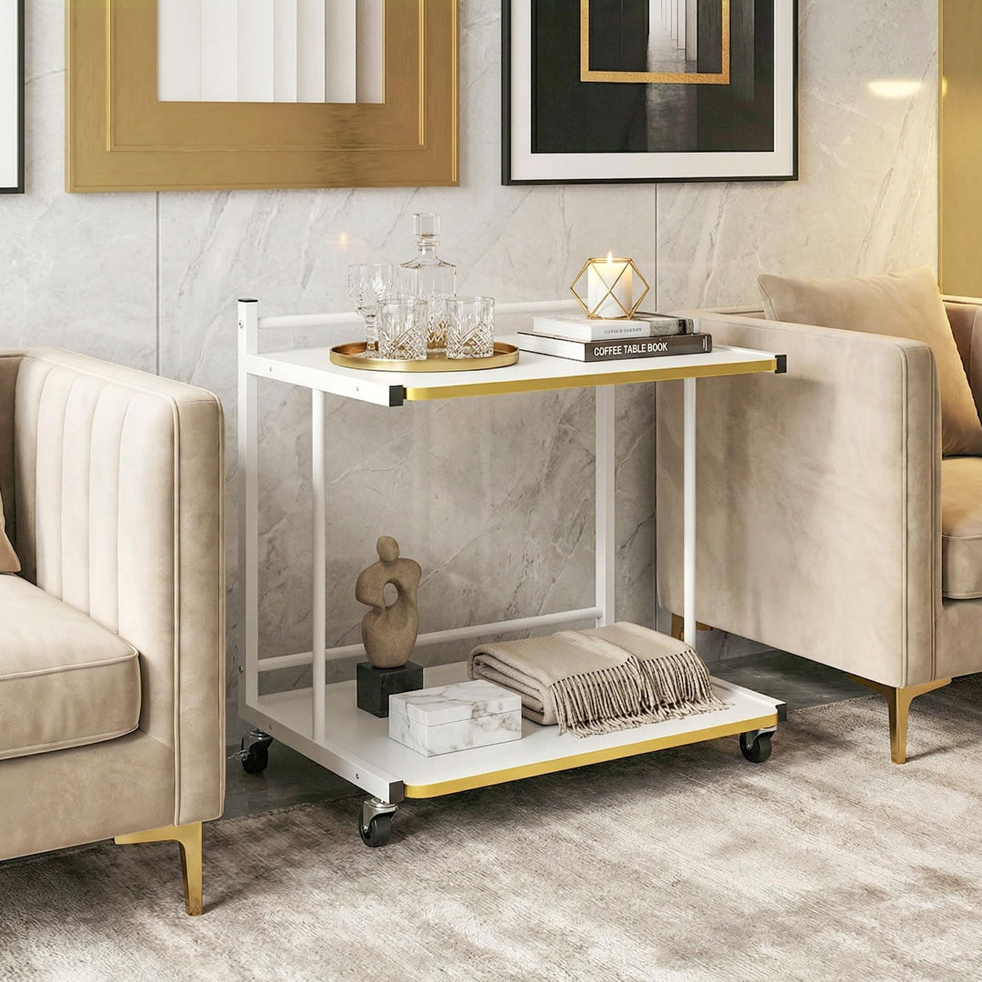 Giantex Mobile C-Shaped End Table - 2-Tier Sofa Couch Bed Side Table w/Open Storage Shelves &amp; Golden Edge Banding