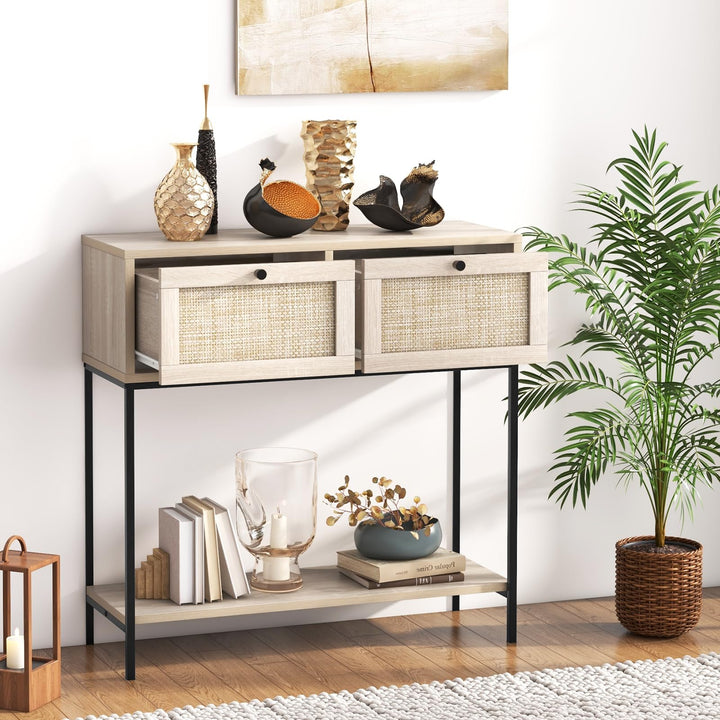 Giantex Console Table with Rattan Drawers - 31.5" Entryway Table w/ 2 Drawers &amp; Open Storage Shelf