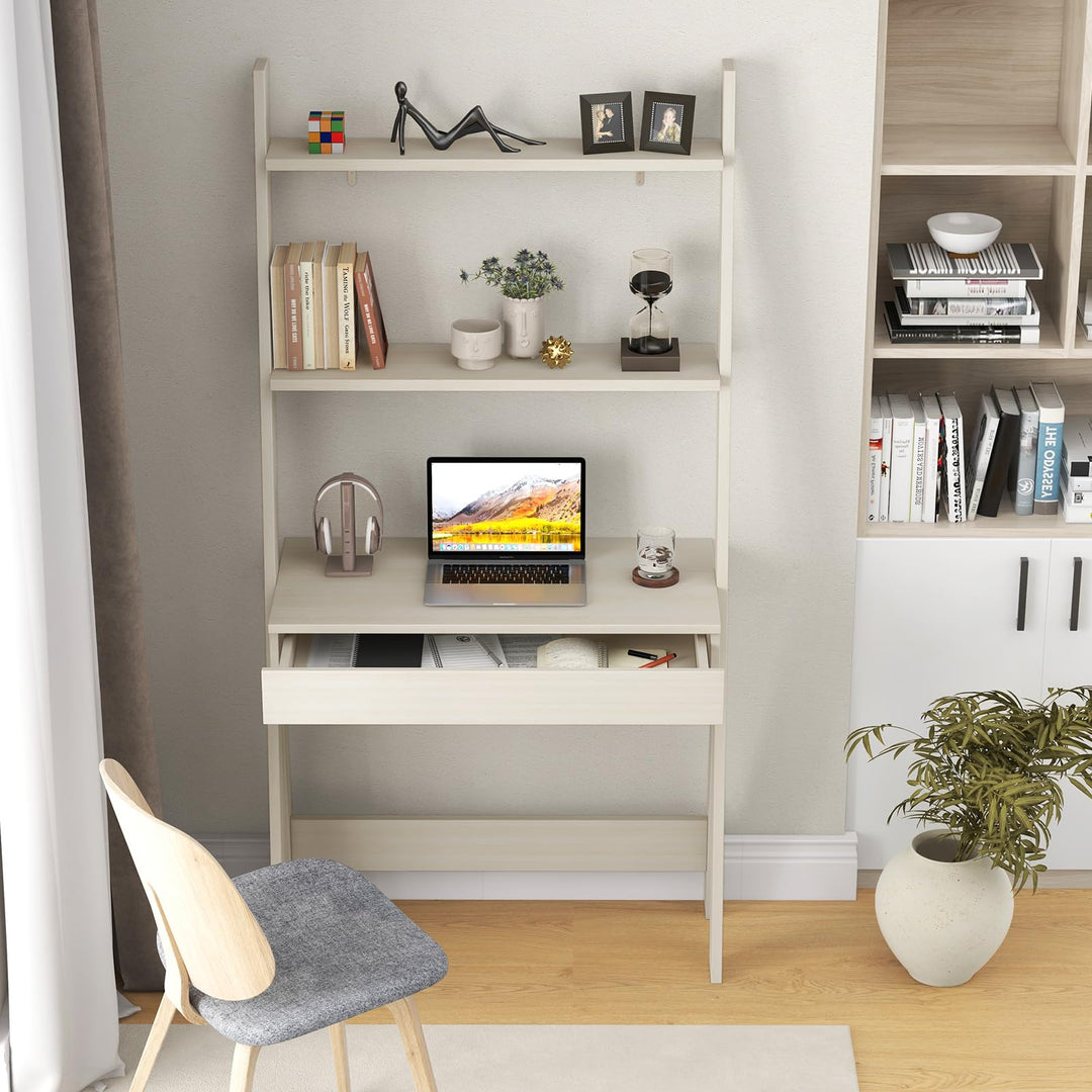 Giantex 3 Tier Ladder Desk with Drawer, 33’’ Width Ladder Shelf with Anti-tipping Device, Freestanding Bookshelf