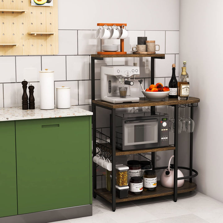 Giantex Kitchen Bakers Rack, 4-Tier Microwave Stand with 6 Hooks &amp; Stemware Racks (Rustic Brown)