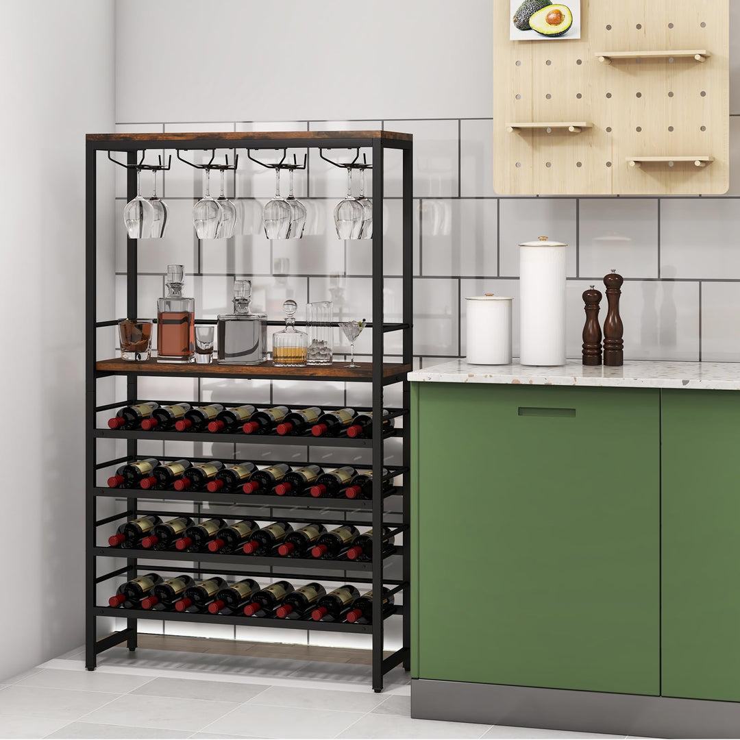 Floor Wine Rack w/ 4-Tier Wine Storage &amp; 4 Rows of Stemware Racks