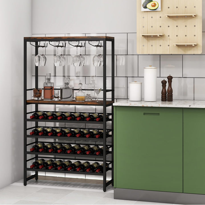 Floor Wine Rack w/ 4-Tier Wine Storage &amp; 4 Rows of Stemware Racks