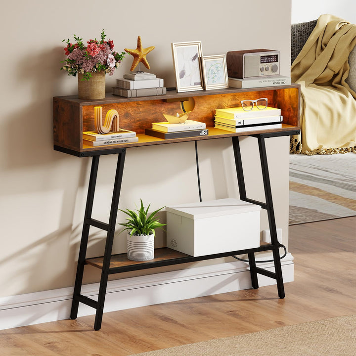 Giantex Console Table with Charging Station &amp; LED Lights