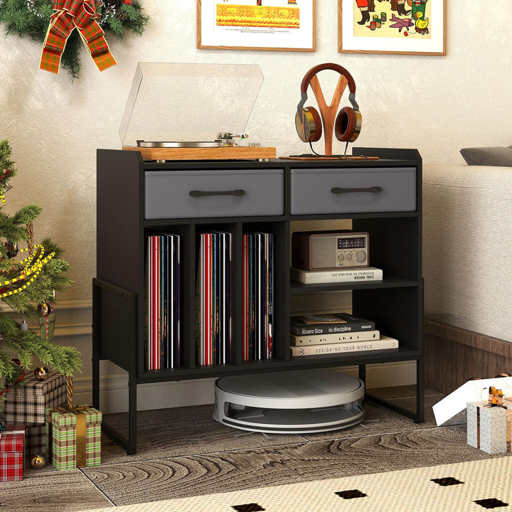 Giantex Large Record Player Stand with Charging Station Mid Century Modern Vinyl Storage Cabinet