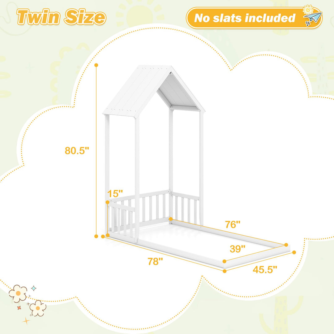 Giantex Twin Size House Bed Montessori Floor Bed with House Shape Roof &amp; Semi-Fence