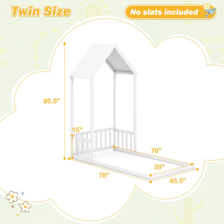 Giantex Twin Size House Bed Montessori Floor Bed with House Shape Roof &amp; Semi-Fence