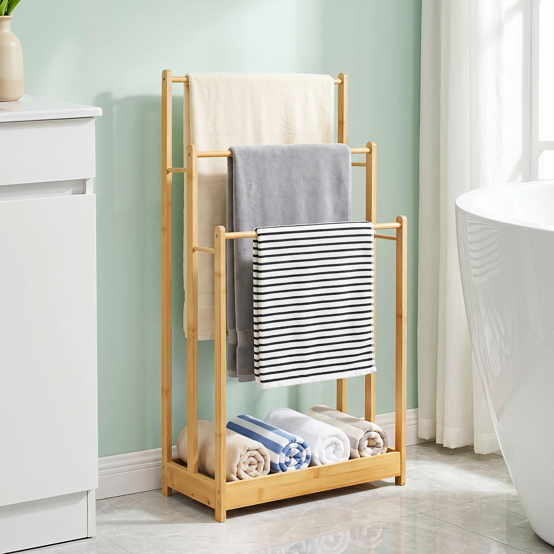 Giantex 3 Tier Free Standing Bamboo Towel Rack with Storage Shelf