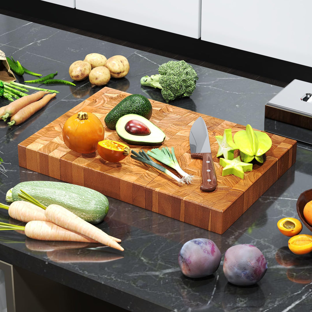 Giantex Teak Wood Cutting Board, 18" End Grain Chopping Block with Hand Grip, Pre-Conditioned With Natural Waxes &amp; Oils