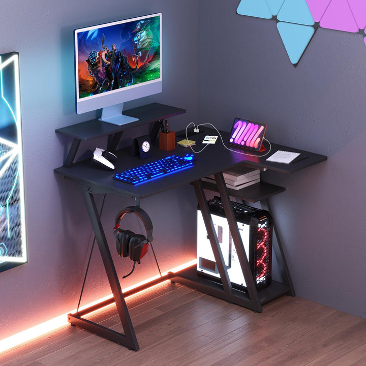 Giantex L Shaped Gaming Desk with Outlets &amp; USB Ports, Small Computer Desk with Monitor Shelf