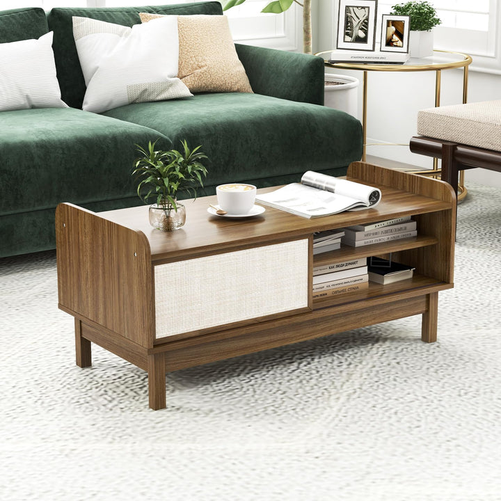 Giantex Coffee Table with Storage and Sliding Doors, Mid-Century Modern Coffee Table with Adjustable &amp; Removable Shelf