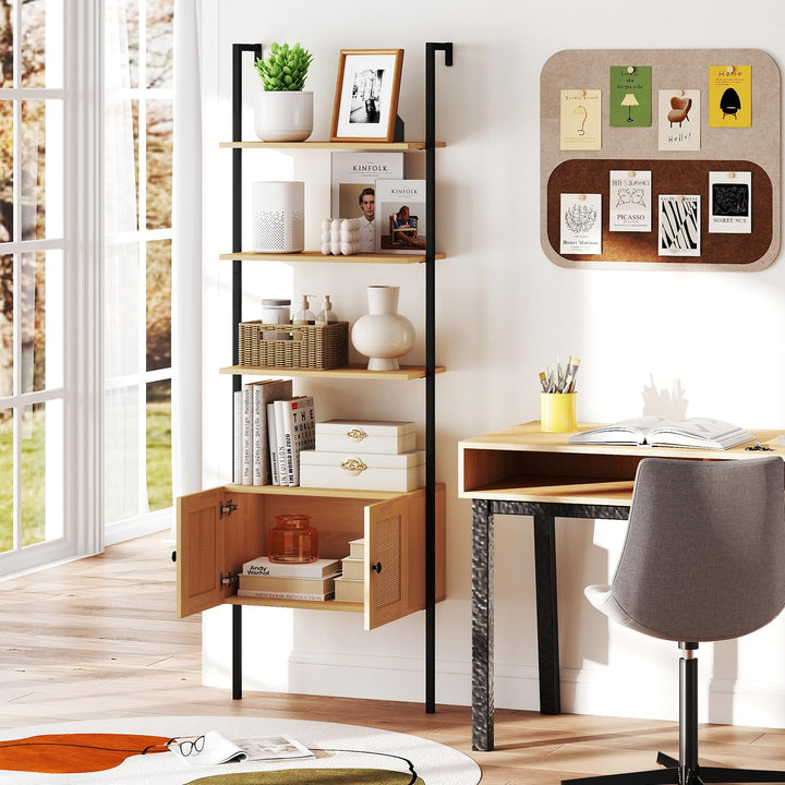 Giantex 72.5" Tall Wall-Mounted 5-Tier Ladder Bookcase with Rattan Cabinet