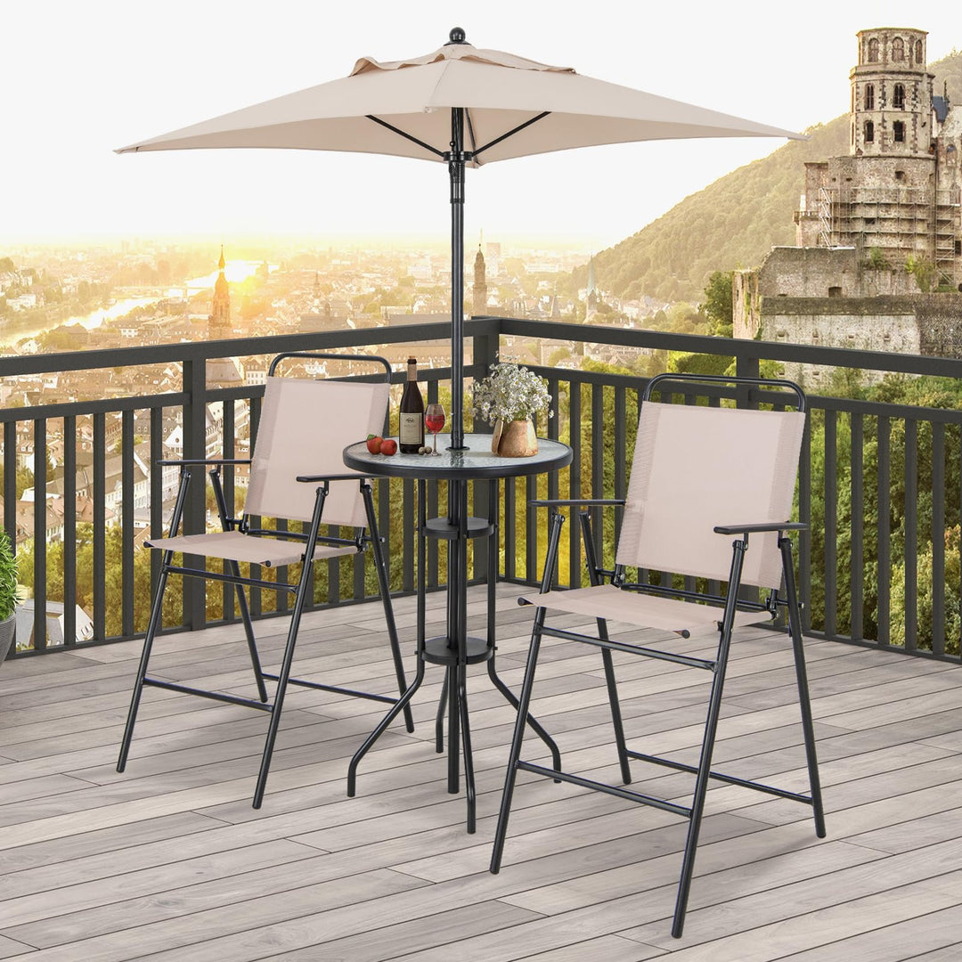 Giantex 4-Piece Outdoor Bar Set, Round High Top Bar Table with 2 Folding Counter Height Chairs &amp; Umbrella