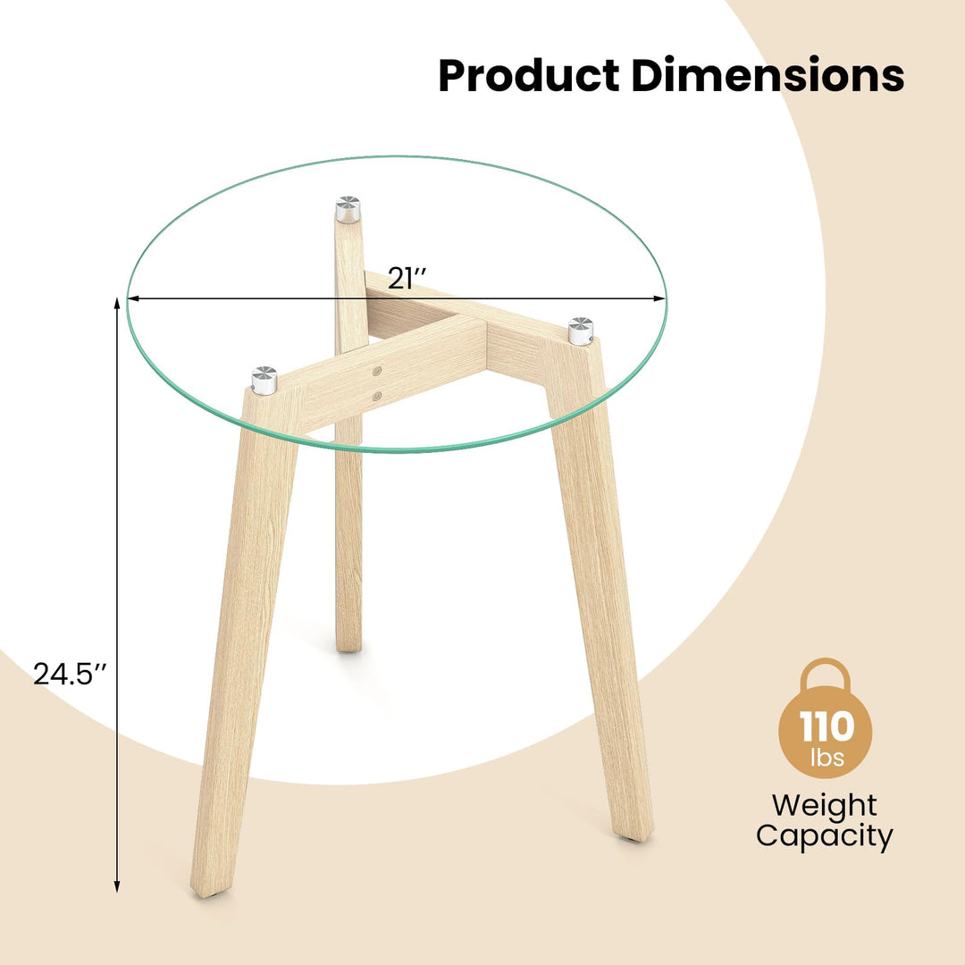 Giantex Glass Round Side Table w/Tempered Glass Top &amp; Rubber Wood Frame