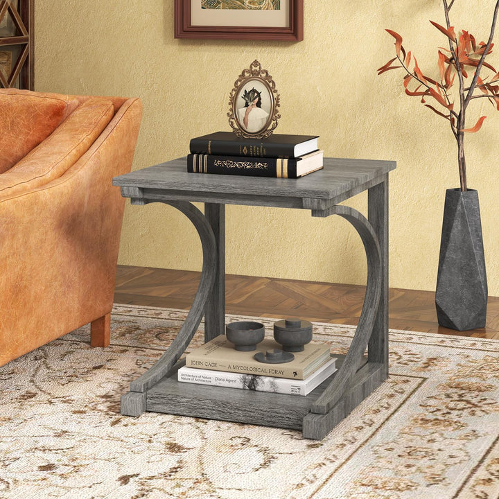 Giantex C-Shaped End Table, 24" Square Couch Table with Bottom Storage Shelf &amp; Solid Rubber Wood Frame