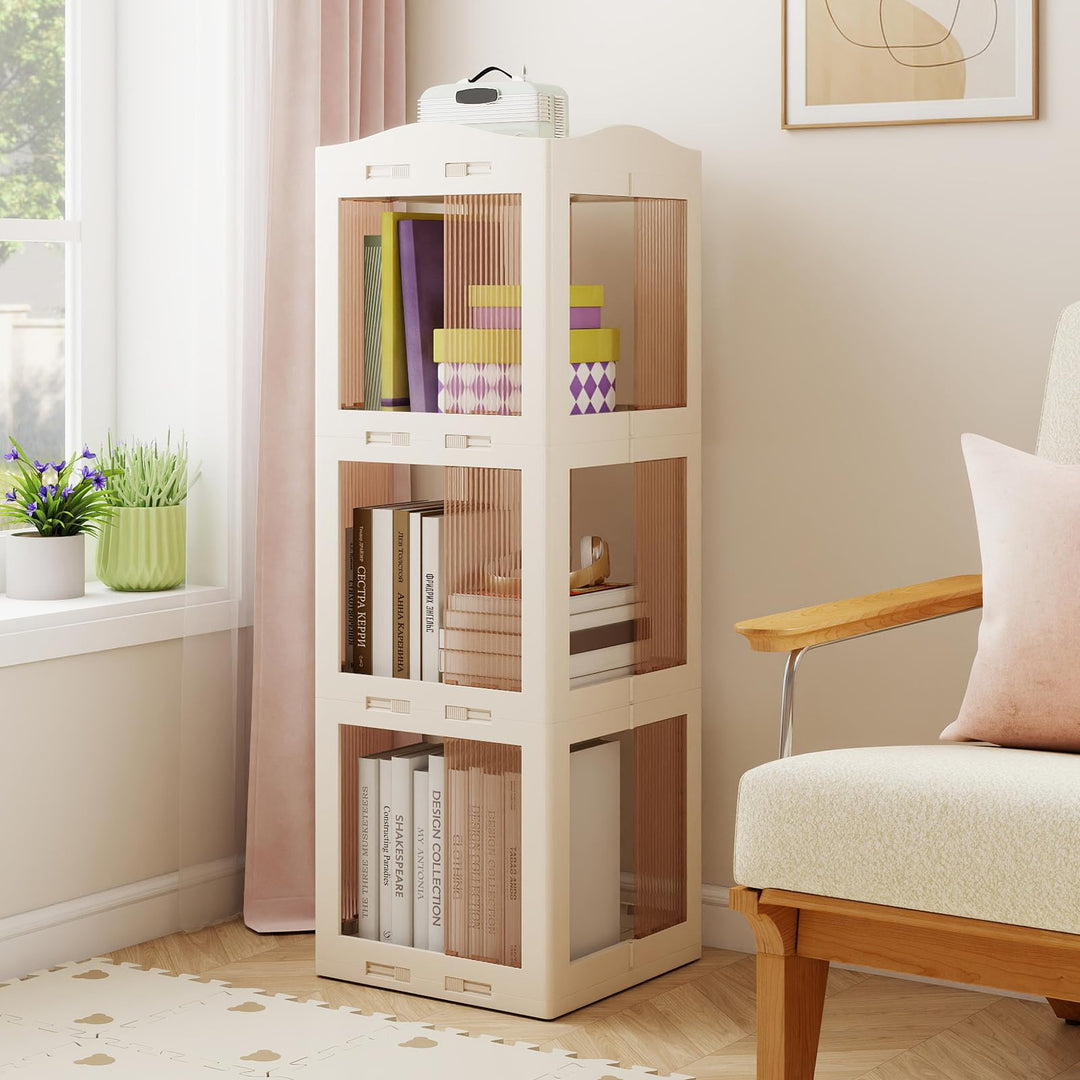 Giantex 3-Tier 360° Revolving Bookshelf Tower | Translucent Storage Organizer for Living Room