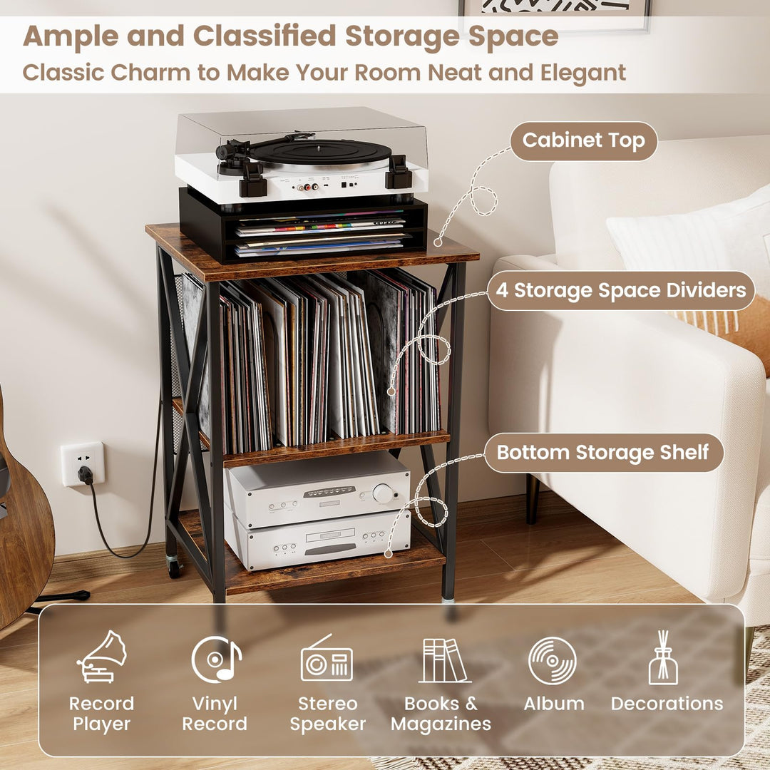 Giantex Record Player Stand with Charging Station, Turntable Stand with Record Storage &amp; 4 Rolling Wheels