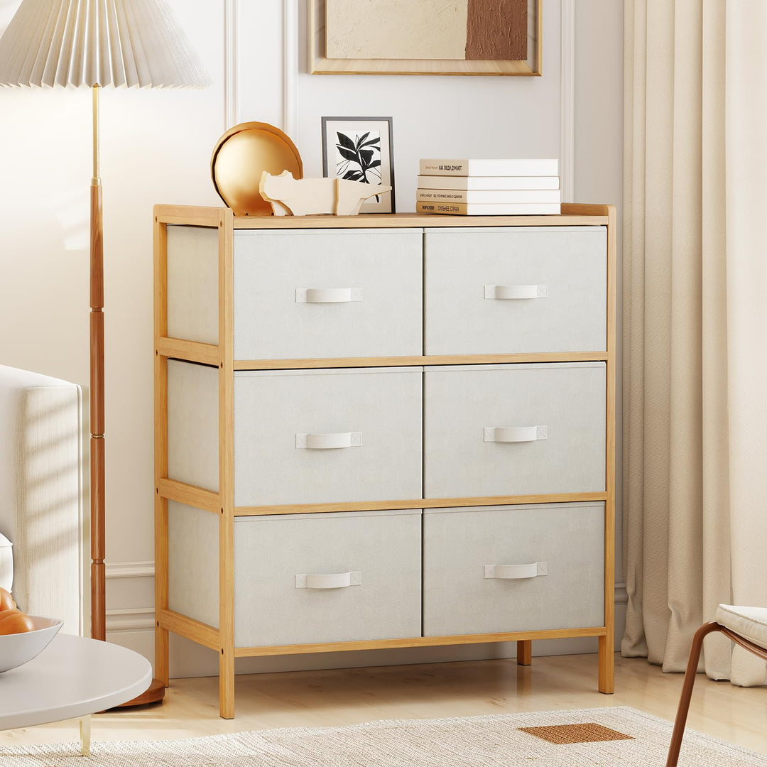 Giantex White Dresser for Bedroom Bamboo 6 Fabric Drawers Storage Tower with Top Shelf