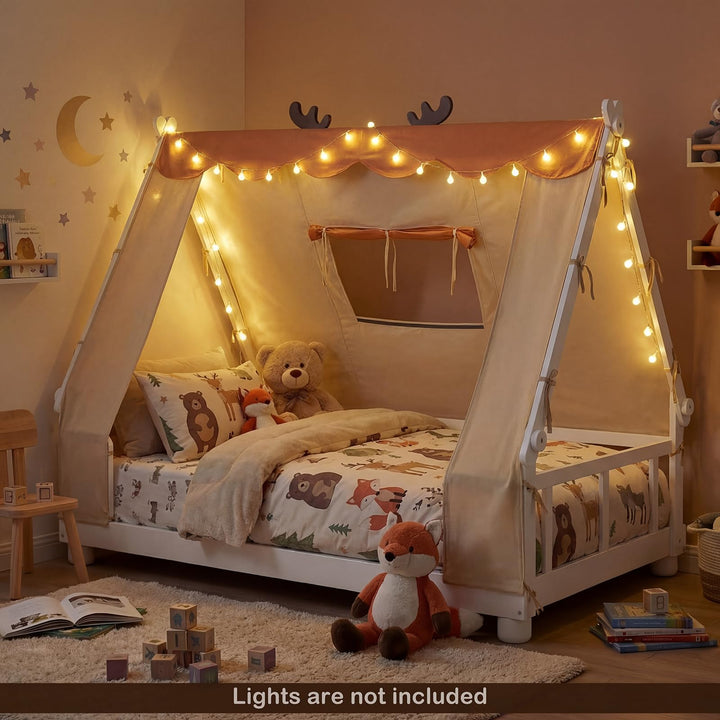 Giantex Twin Size House Floor Wood Bed with Tent