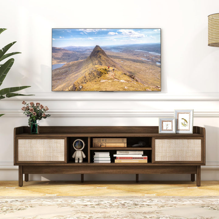 Giantex TV Stand for 65” TV, Entertainment Center with Woven Doors, Sliding Door, Adjustable Shelf &amp; Compartment