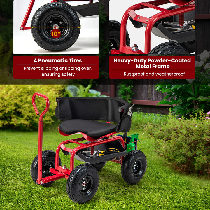 Giantex Cushioned Rolling Garden Cart Scooter with Storage Basket and Tool Pouch