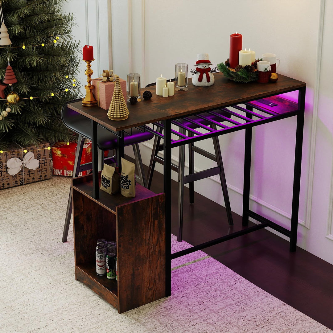 Giantex Rectangular Bar Table with Charging Station and LED Light