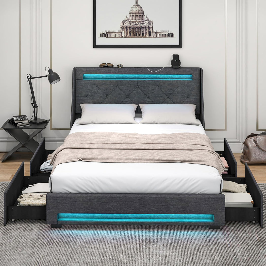 Giantex Full Size Bed Frame with LED Lights &amp; Charging Station, Upholstered Platform Bed with Wingback Headboard