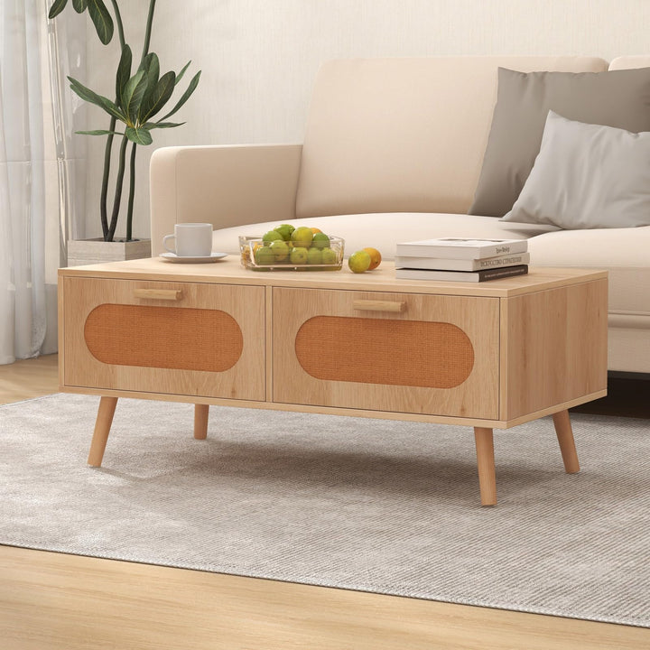 Giantex Rattan Coffee Table, Mid Century Modern Center Table with 2 Storage Drawers &amp; Back Compartment