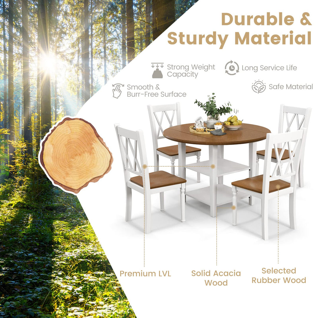 Giantex Dining Table Set for 4 w/Drop Leaf Round Kitchen Table &amp; 4 Chairs, Dining Room Table w/Storage